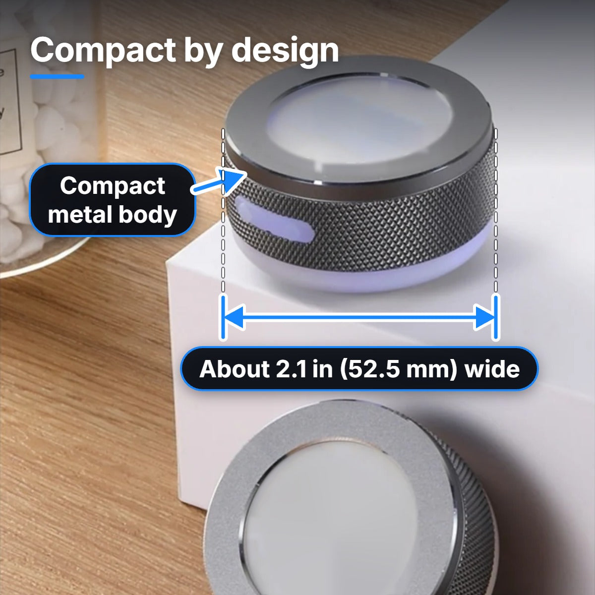 SONVEX Pulse Mini compact size shown on a desk with dimension lines